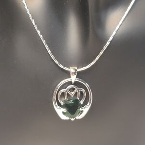 Beautiful Silver Claddagh Necklace W/ Green Stone